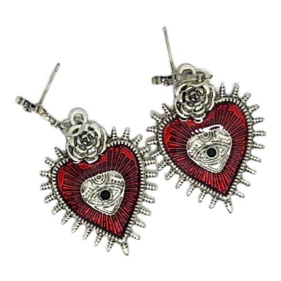 Silvertone Goth Red Enamel Heart Pieced Earrings Drop Dangle - Picture 1 of 3